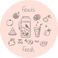 Doodle style fruit icons set. Jug, glass, drinks, fruits and berries in a circle. Royalty Free Stock Photo